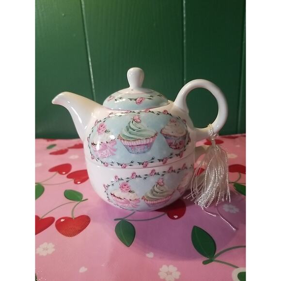 Summer River Floral/Cupcake Teapot with Stackable Tea Cup For One w Lid - Picture 1 of 6